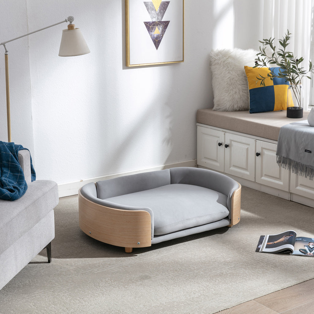Style scandinave Lit de chien élevé Canapé pour animaux avec pieds en bois massif et dos en bois bent