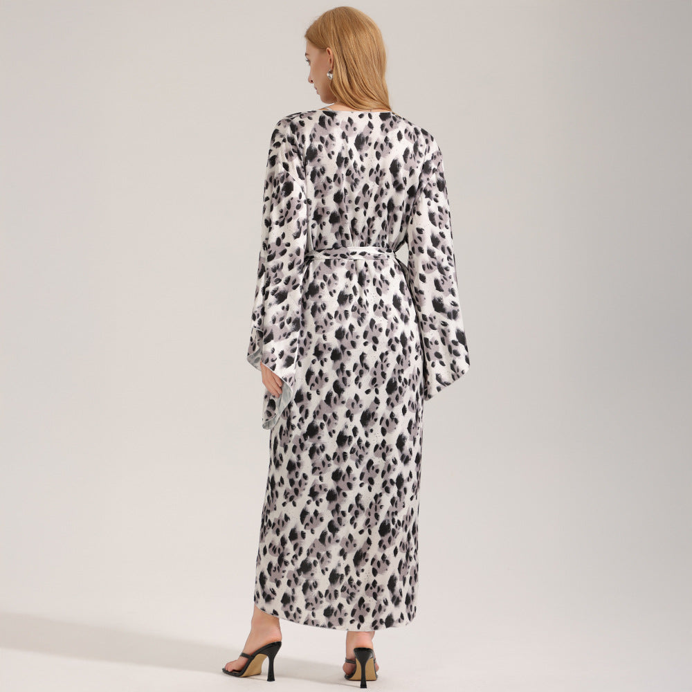 Leopard-Print Satin Mousseline Longues Femmes Robe de salon Ensemble