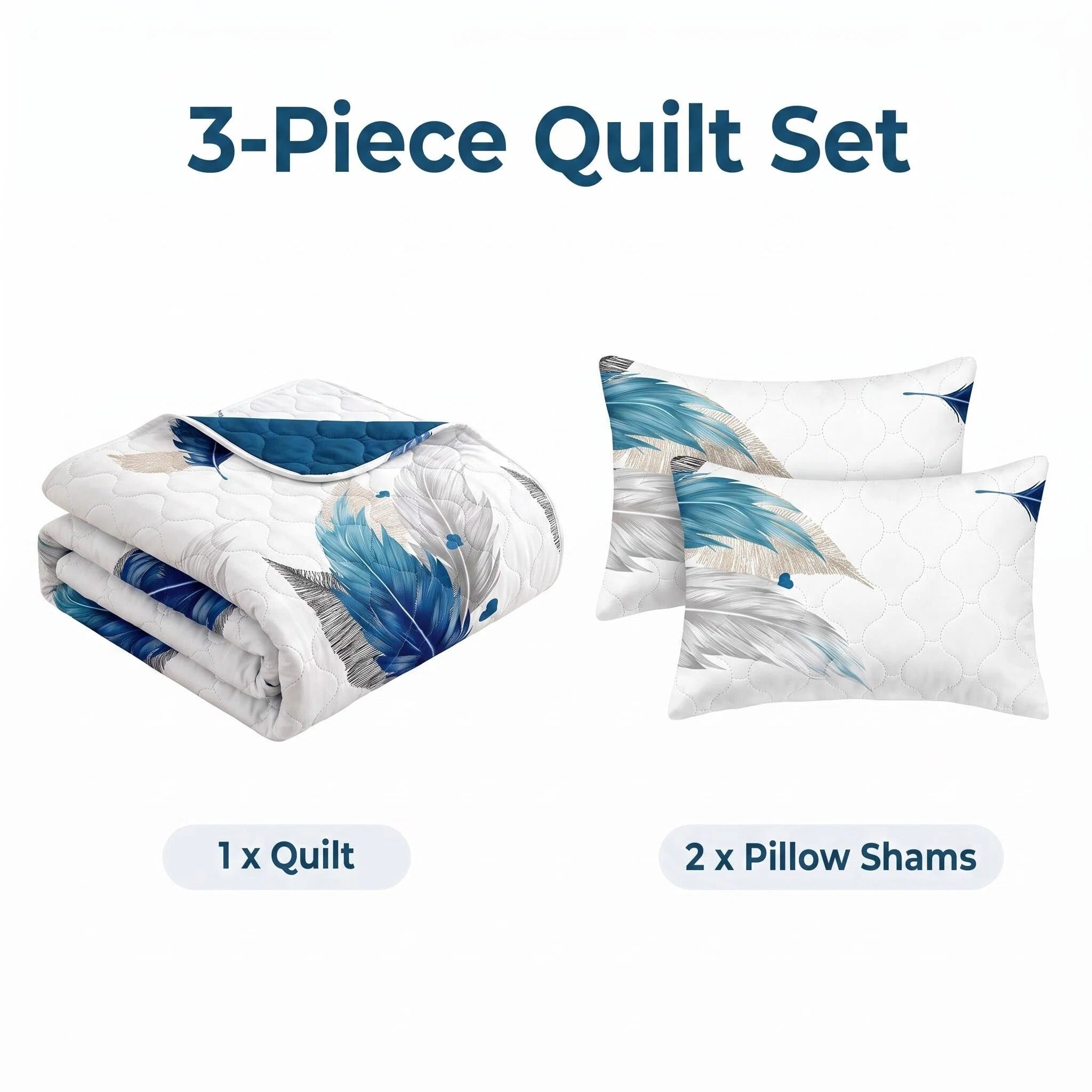 3-Piece bleu plume lit couvre-couche pour roi et roi de Californie