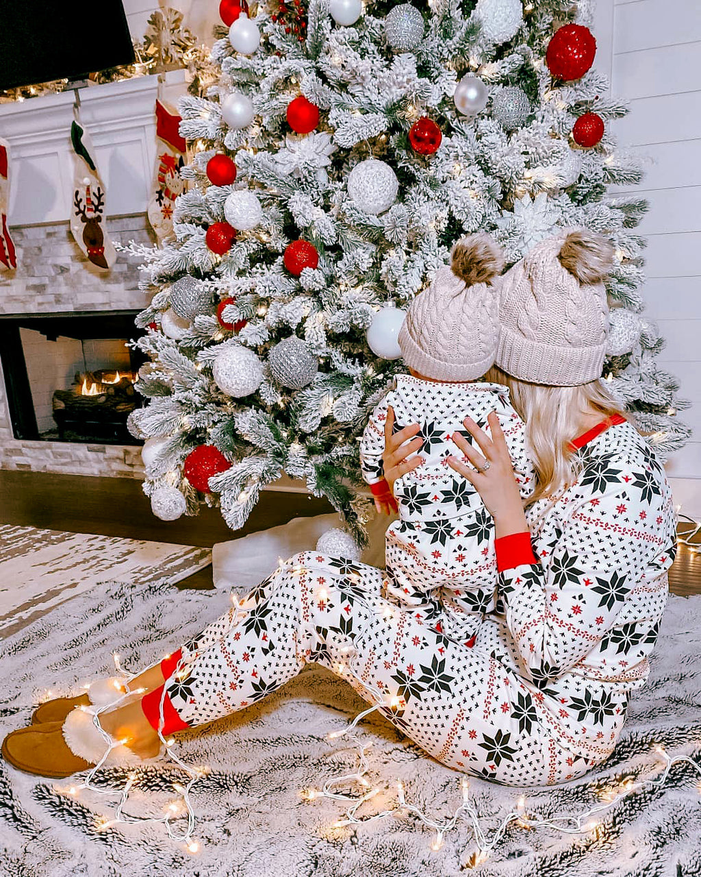 Polyester Noir et blanc Contraste Couleur Christmas Parent-Enfant costume occasionnel pour femmes