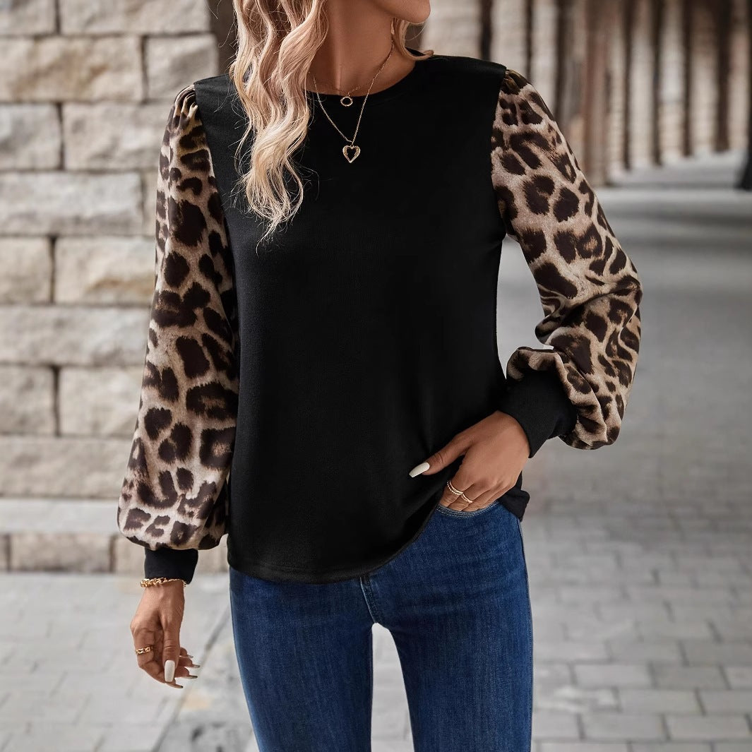 Automne Hiver Arrivée Casual & Chic Leopard Imprimer Manches longues Col d'équipage Éclissé T-Shirt Top