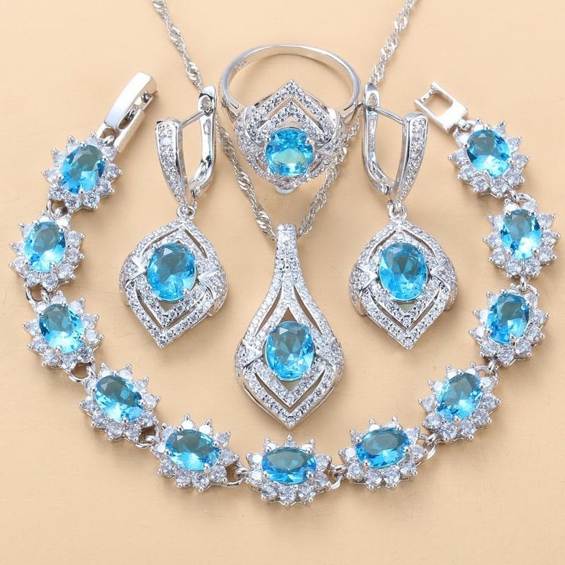 Boucles d'oreilles pendentif en pierre gemme incrustées Collier et anneau pour femmes 4 PCs Set
