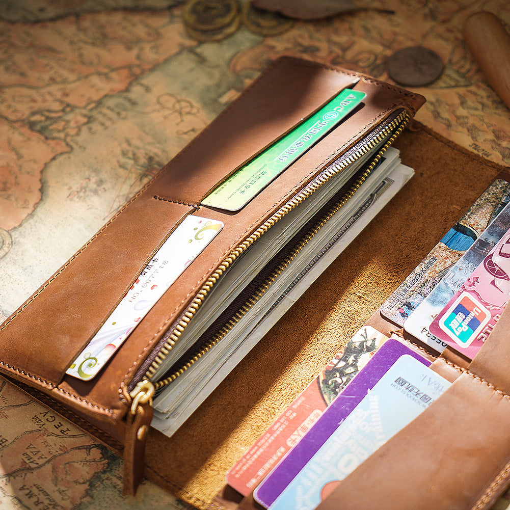 Retro Crazy Horse Leather Long Wallet Hommes Véritable Leather Business