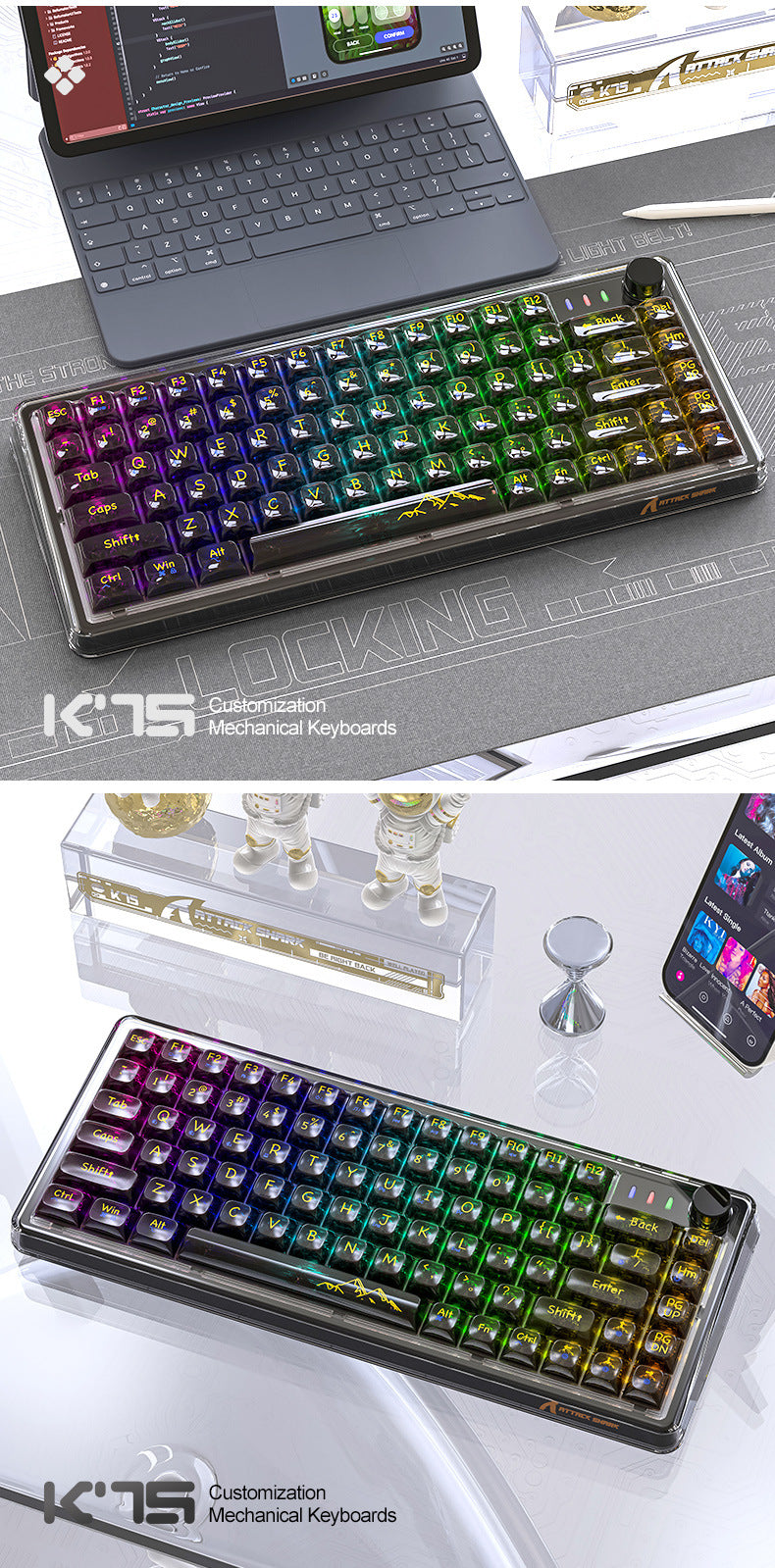 Shark d'attaque K75RGB Bouchon de joint transparent Bluetooth mécanique sans fil