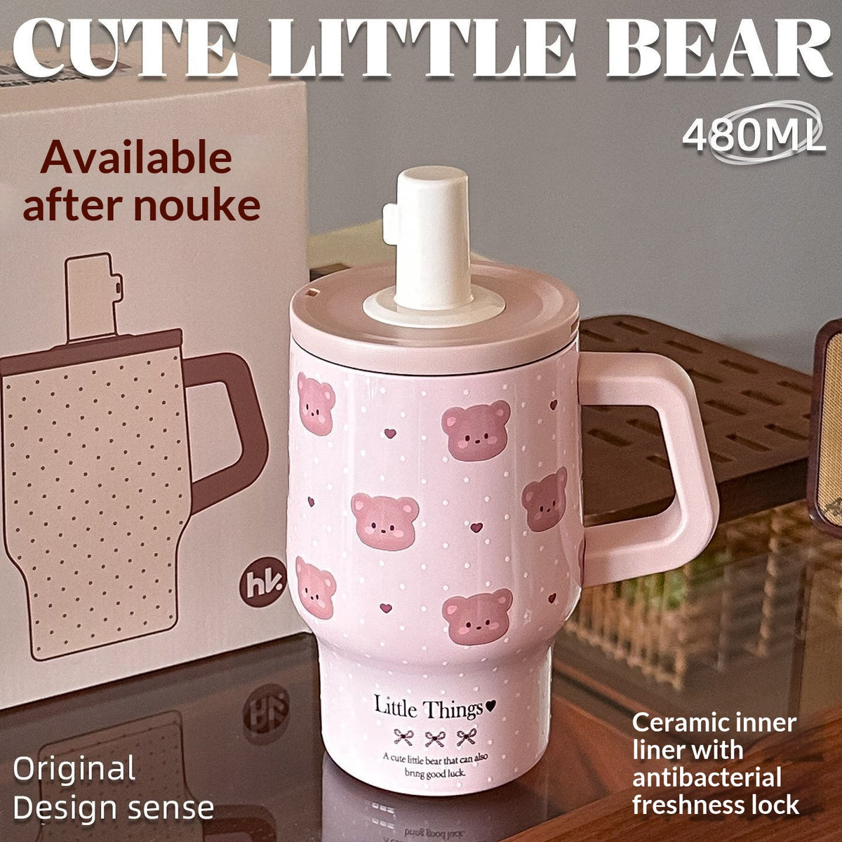 Cute Bear Design Ceramic Liner Grande Capacité Portable en acier inoxydable Insulated Bouteille Wi
