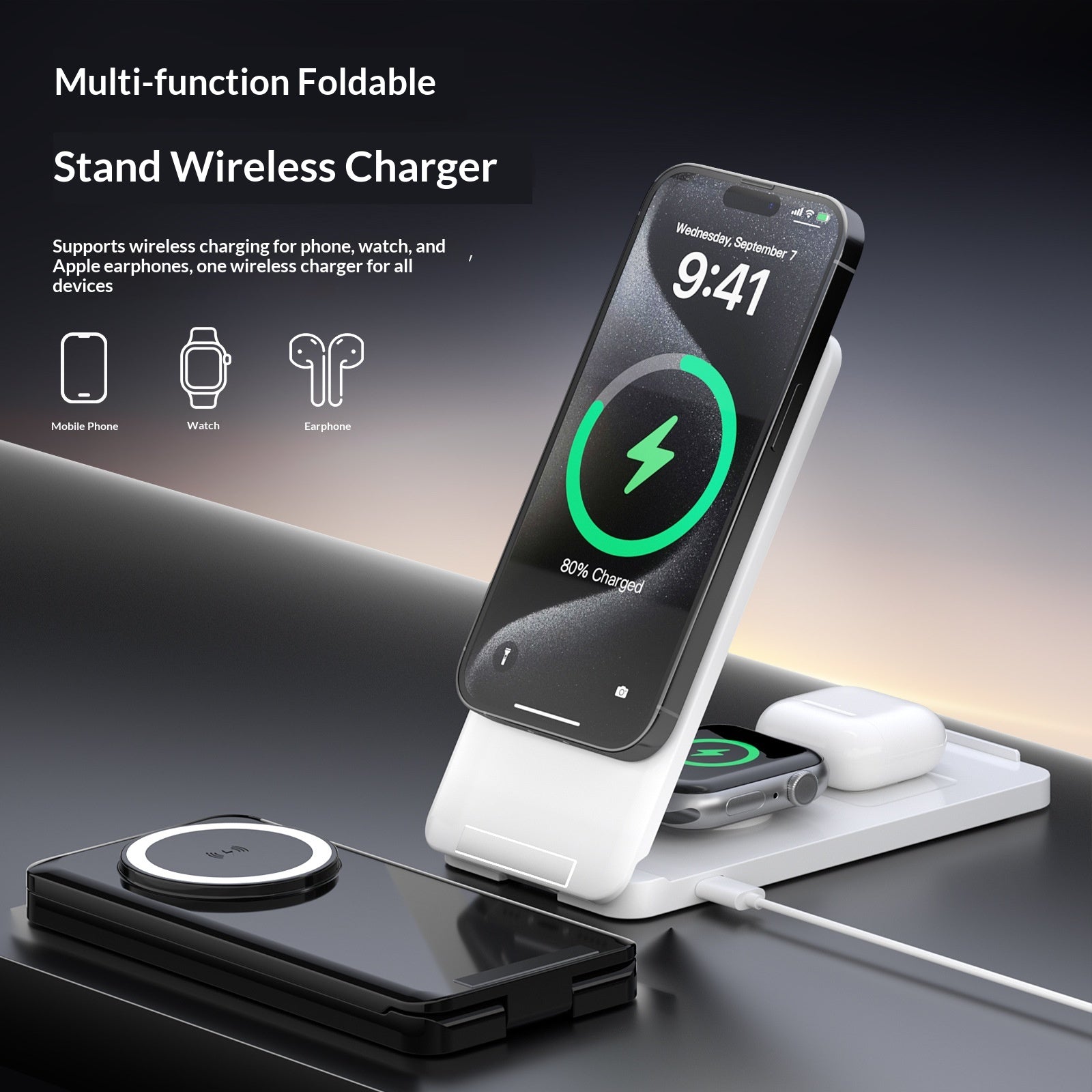 Support vertical portable multifonction pliable avec charge magnétique sans fil