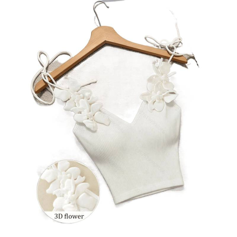 Veste tricotée couleur unie avec détails de dentelle florale 3D - Slim Fit Croch sans manches pour femmes