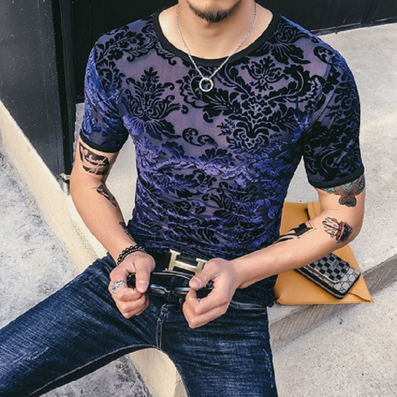 T-shirt en soie de glace en velours d'or pour homme Respirant manches courtes à col rond