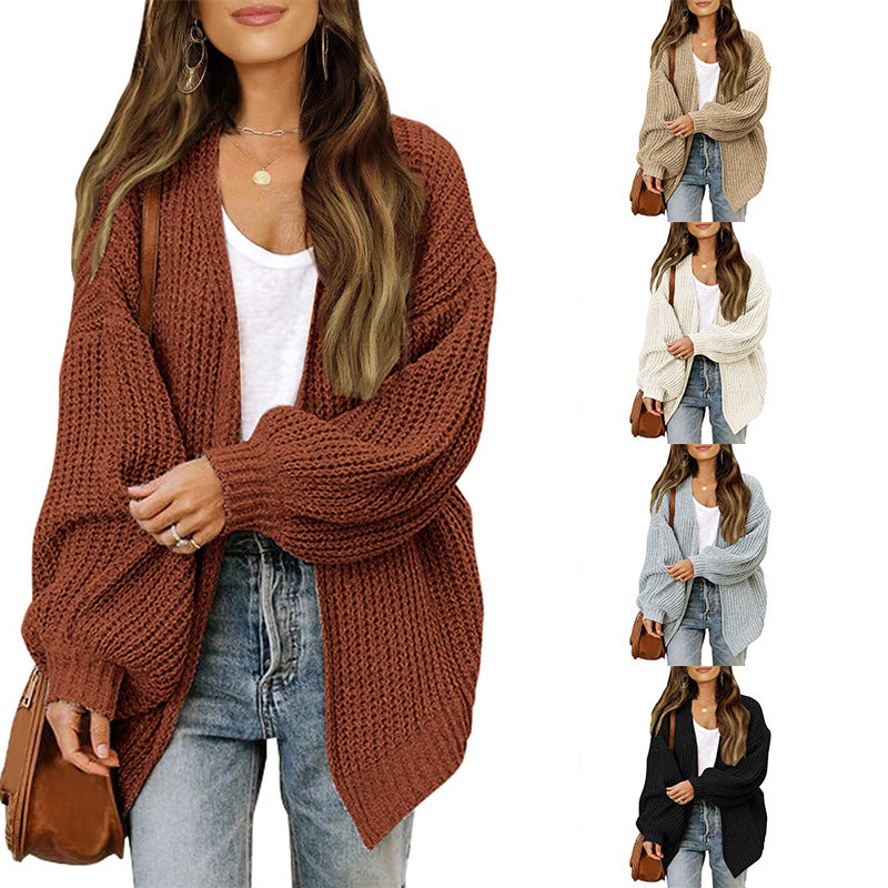 Lanterne à manches féminines Chunky-knit Cardigan Sweater Coat