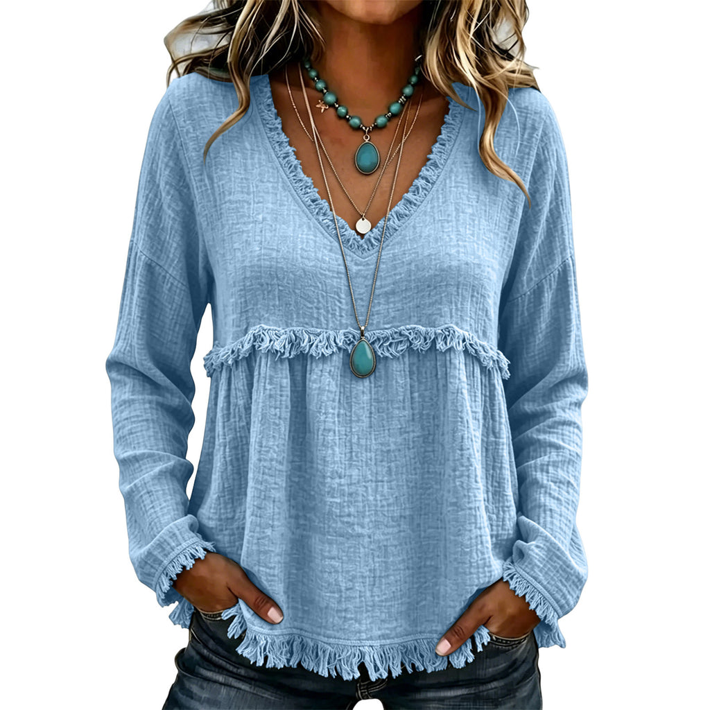 European and American Style Relaxed-fit V-neck avec manches longues fringées