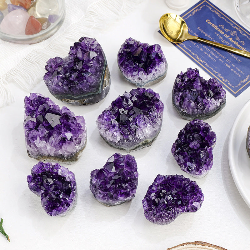 Purple eau cristal cluster amour pièce de décoration pierre brute Ore Specimen coeur