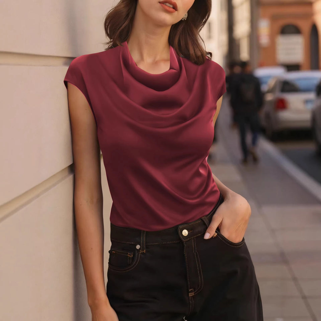 Ebay Commerce extérieur Élégant commuter satin col tortue manches courtes T-shirt élégant Slim-Fit