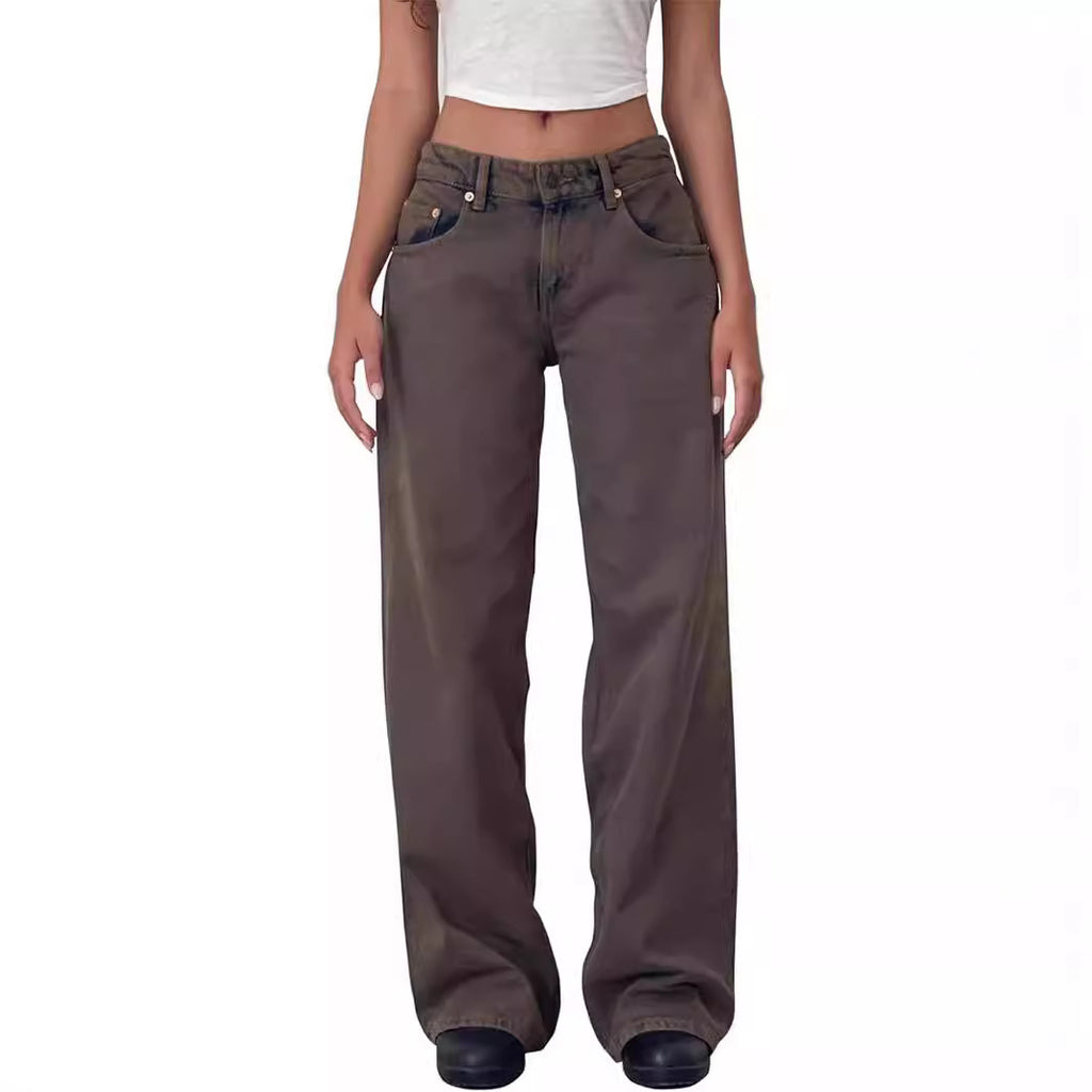 American Style Retro Low Waist Non élastique Lavé droit Jeans Femme Autumn Street Wid