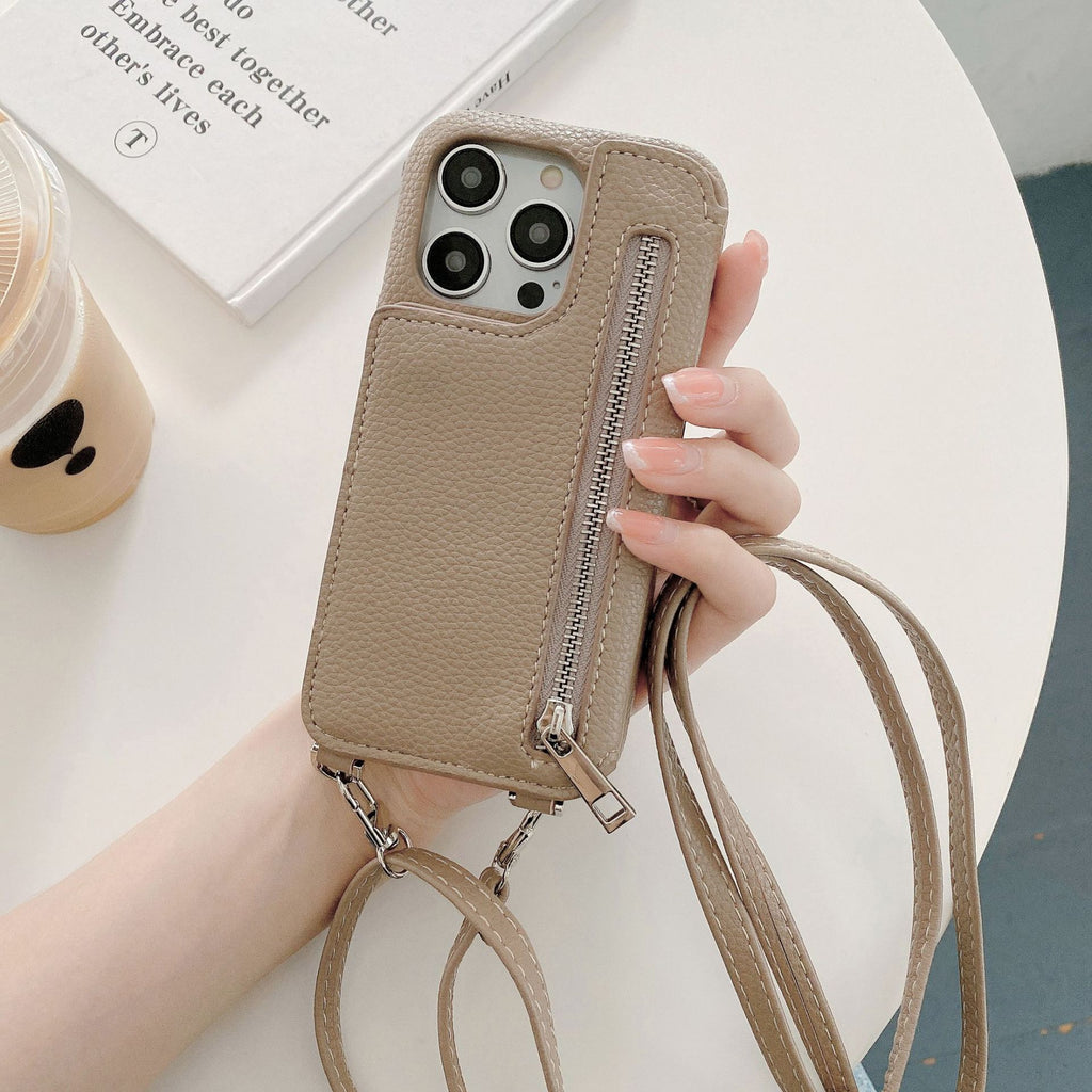Cas téléphonique Lychee Pattern Insertion de carte Miroir de beauté Crossbody