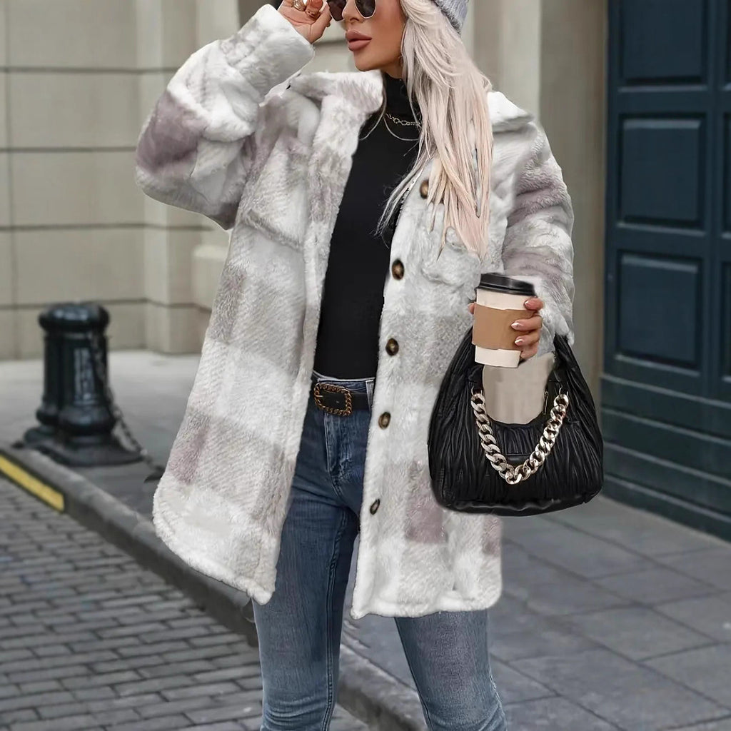 Femmes Automnehiver Lambswool Lapel Enduit à manches longues en Plaid Casual
