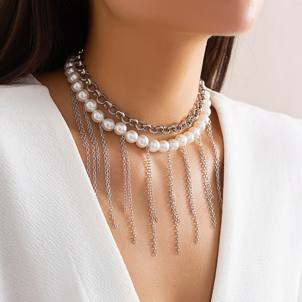 Pearl Tassel Fun Design Double couche Collier rétro Accessoires pour femmes