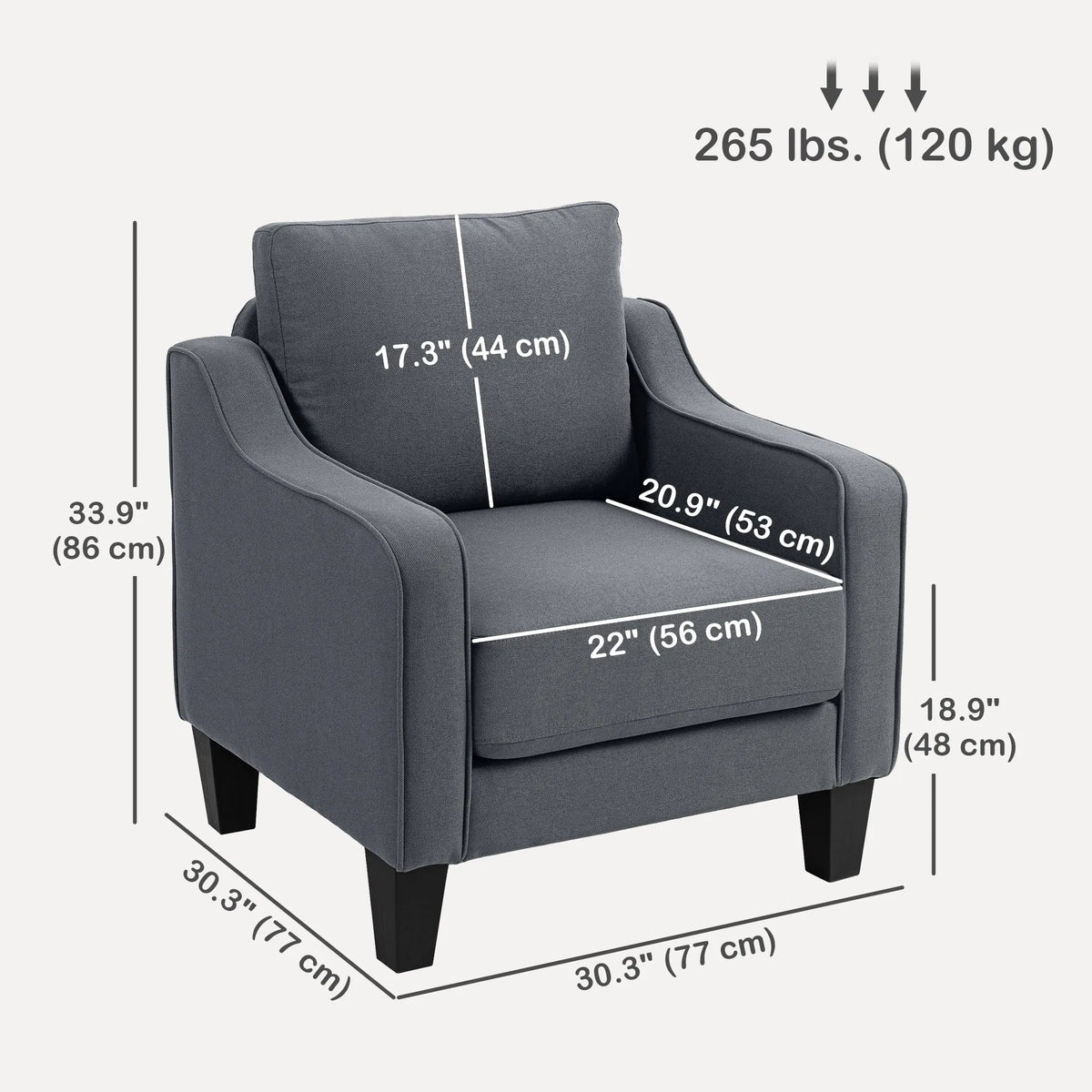 Fauteuil, Chaise Accent Moderne avec ressort de poche, Linge rembourré, épais rembourré, Charcoa