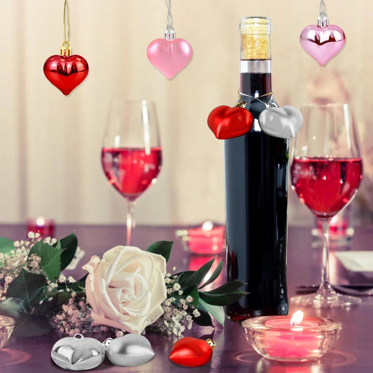 Ornements en forme de coeur 36Pcs Valentines - Décorations de coeur Valentines - Rouge Rose Argent G