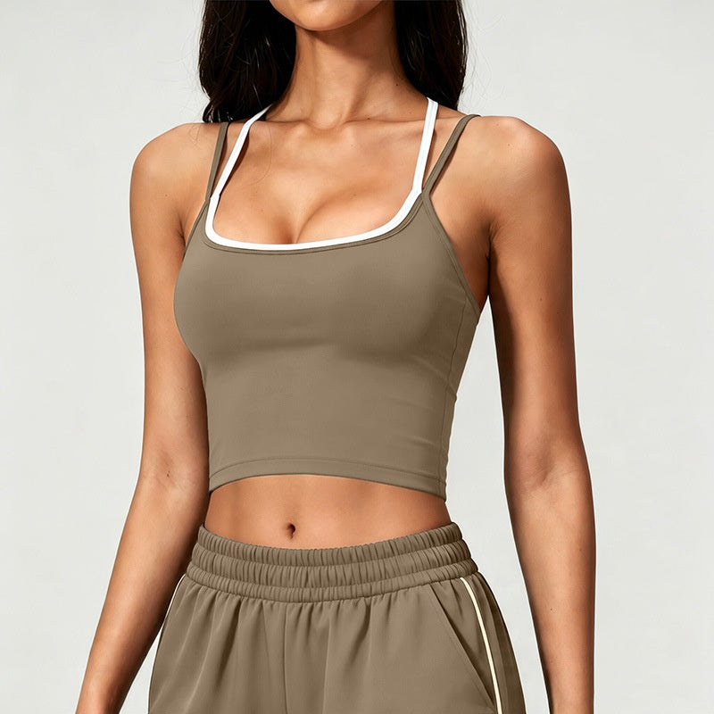 Color Block Sports Bra Halterneck Two Piece Faux Tank Top pour femmes