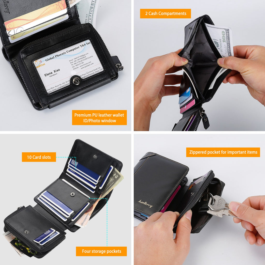 Porte-cartes en cuir de portefeuille 1Pc Hommes Purse Trifold embrayer Zipper argent avec fenêtre d'identification 14