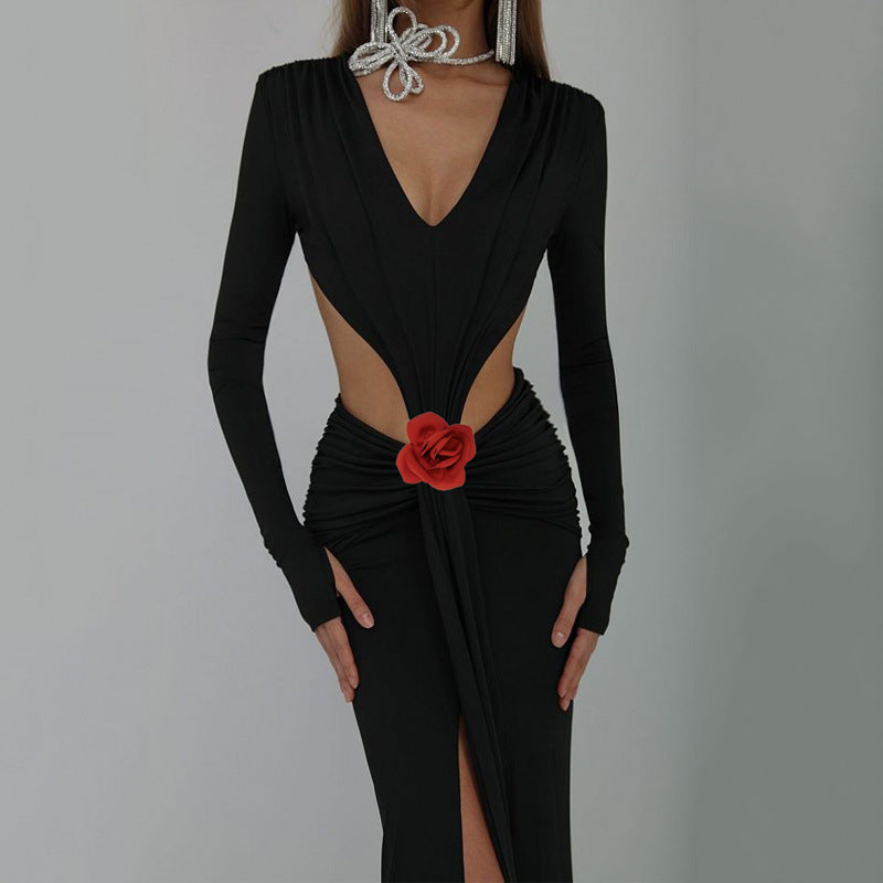 Sexy Col en V manches longues sans dos taille de jupe fleur décorative Split robe de queue de poisson