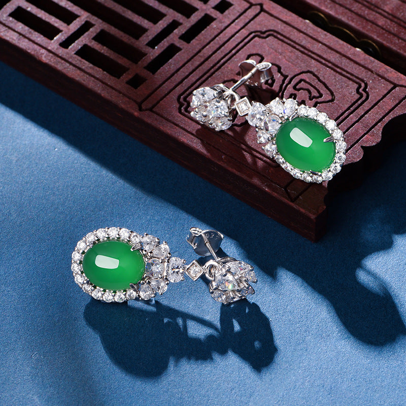 S925 Boucles d'oreilles en argent sterling Dangle 10x8mm Chrysoprase verte ovale