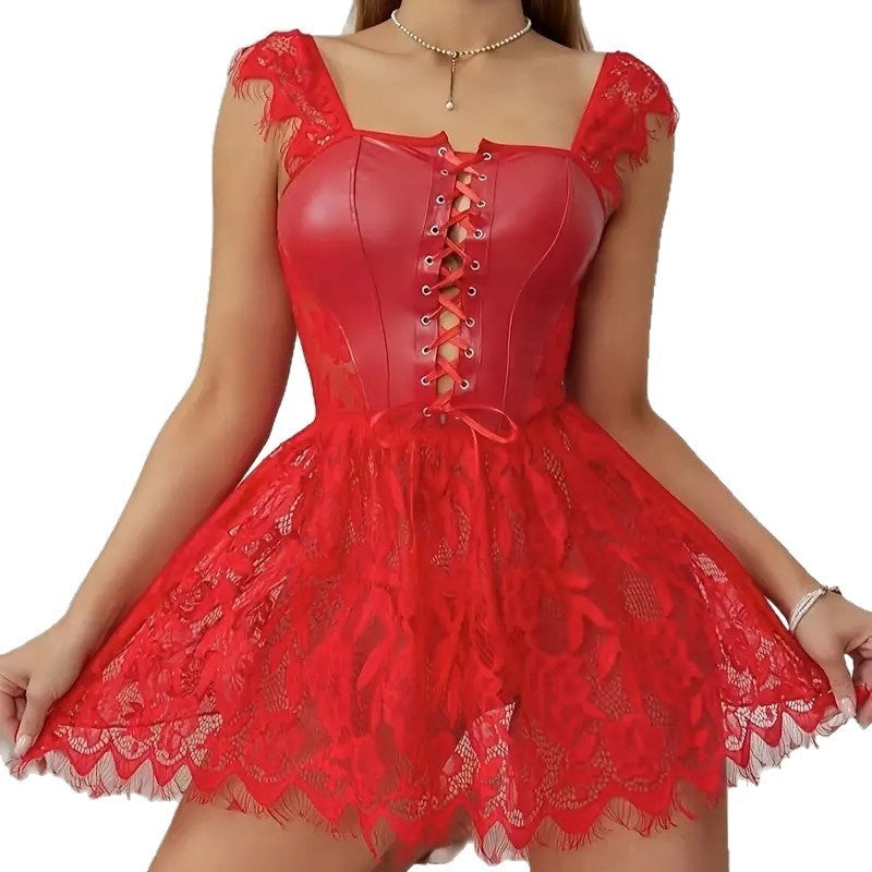 PU Style moto en cuir breveté Dentelle-up Dressing-splited Dentelle