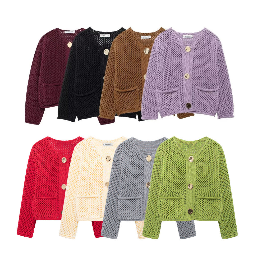 Veste à col rond à manches simples avec deux poches pour femmes