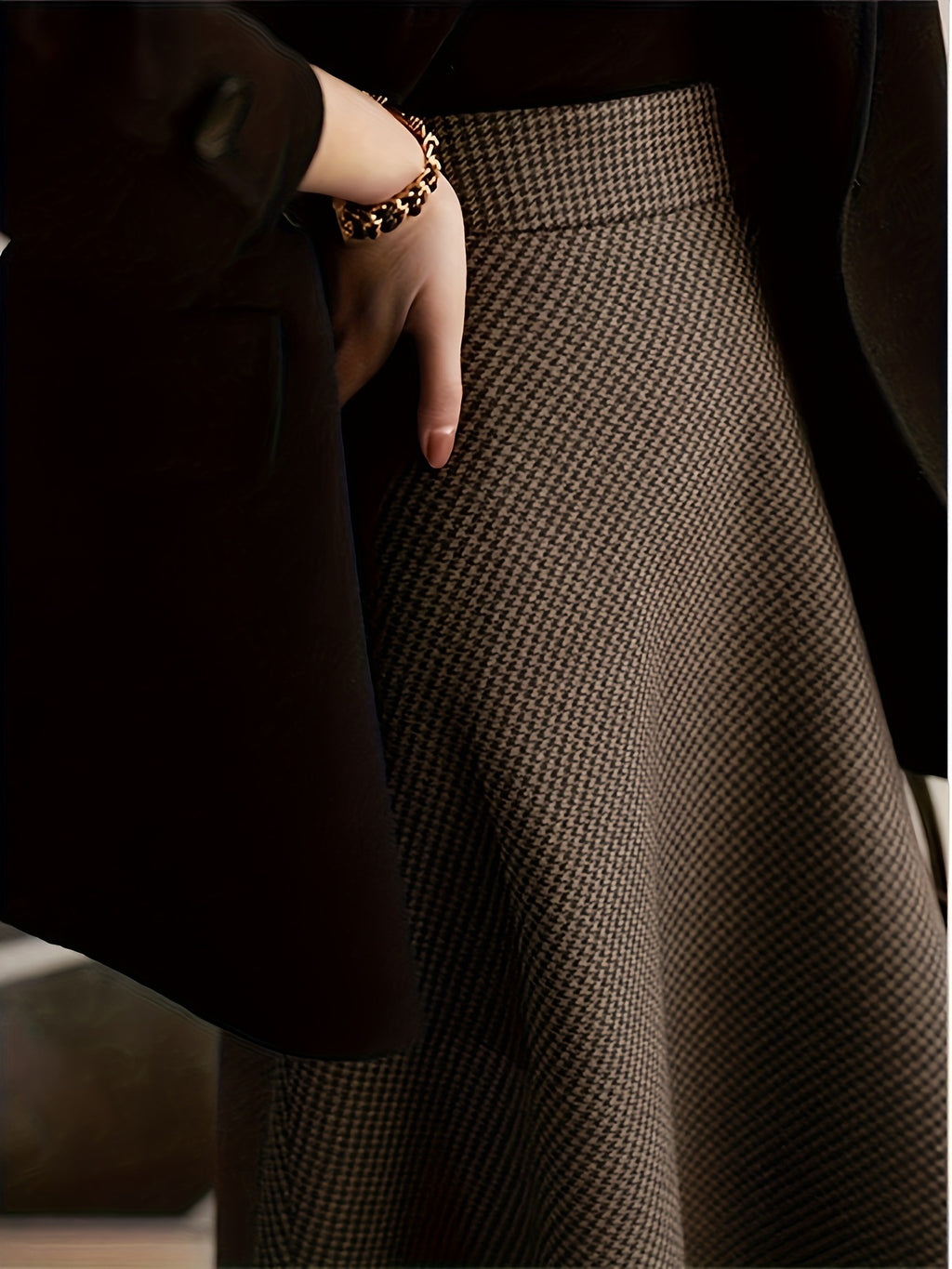 Retro Plaid Brown de style américain Jupe semi-formelle haut de gamme Midi