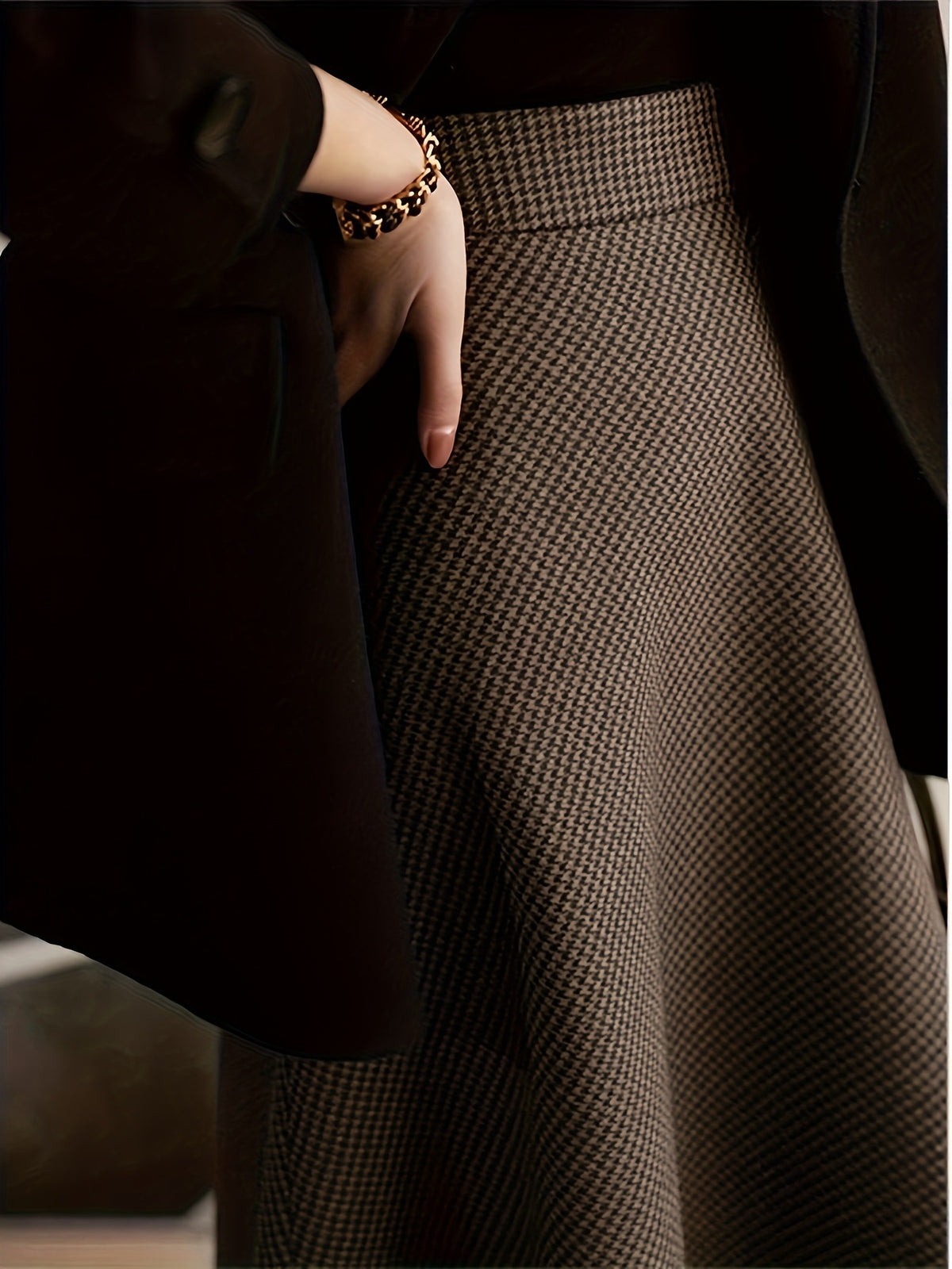 Retro Plaid Brown de style américain Jupe semi-formelle haut de gamme Midi