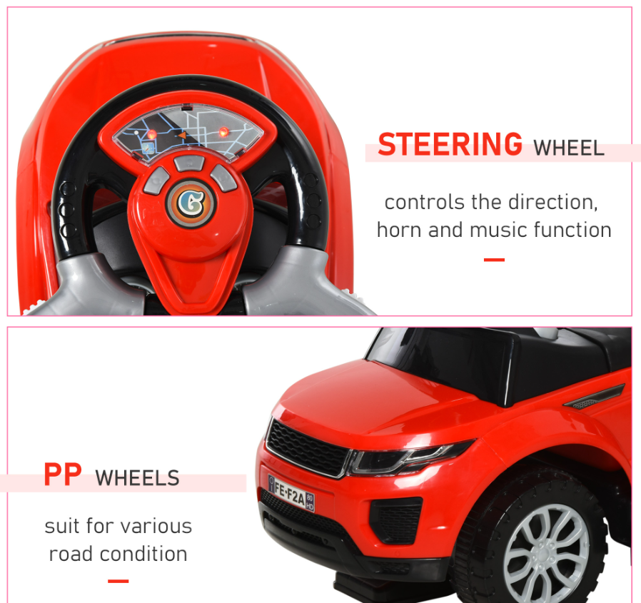 Enfants 3 en 1 Push Car Ride-On Poussette Jouet de marche coulissant avec Horn Music Light Secure Bar