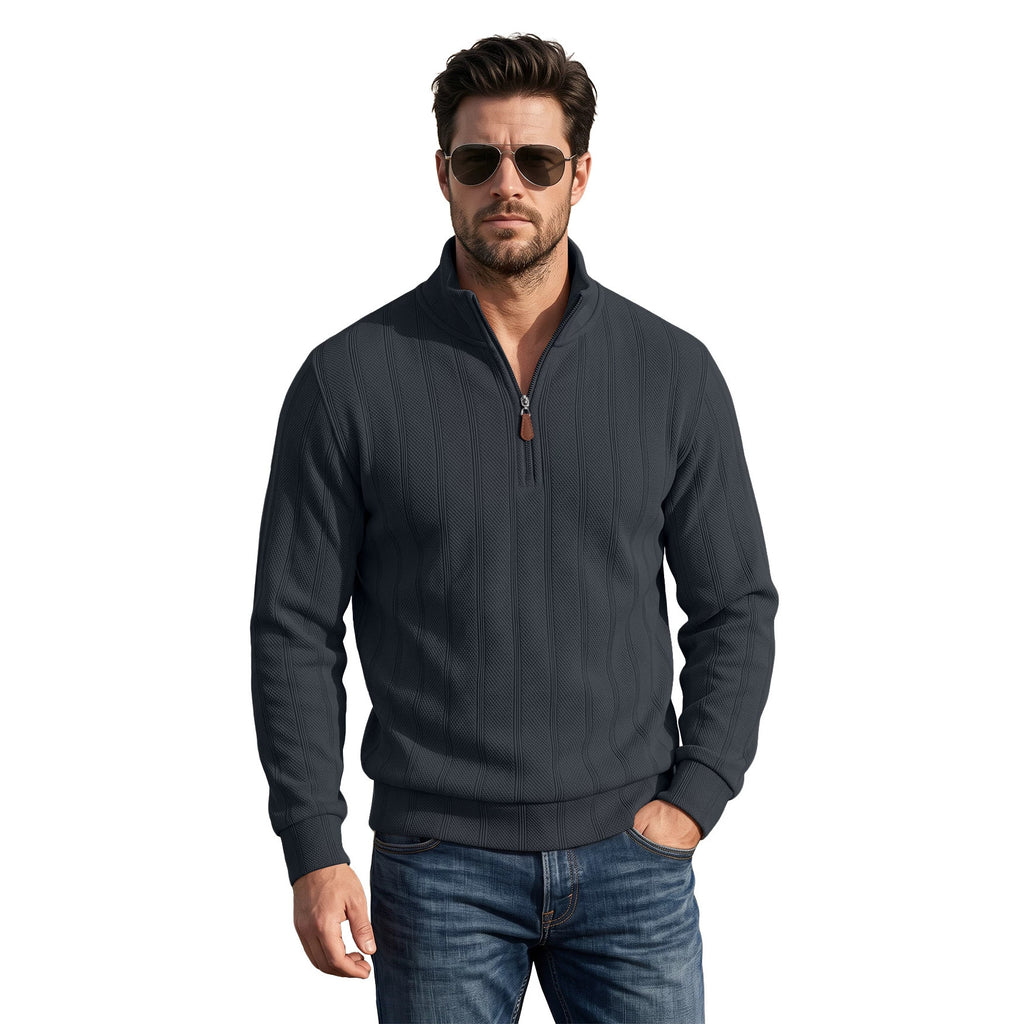 TK Hommes Vertical Stripe Waffle Half-Zip Stand Collar Long Sleeve Top