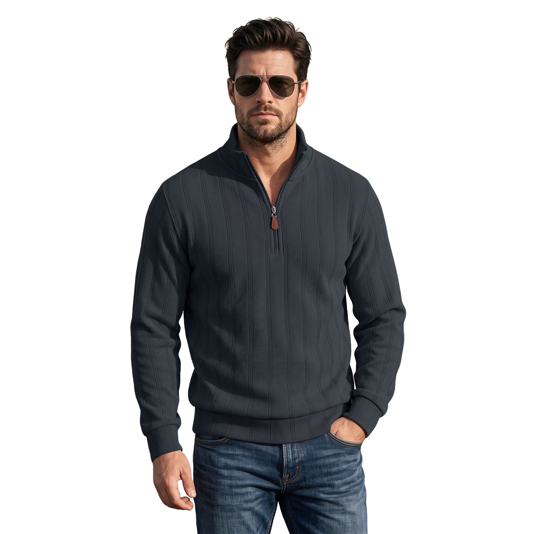 TK Hommes Vertical Stripe Waffle Half-Zip Stand Collar Long Sleeve Top