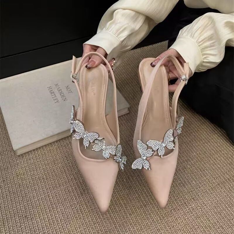 Femmes Élégant papillon Strass pointe d'orteil Dos Sandales de cheville coupées