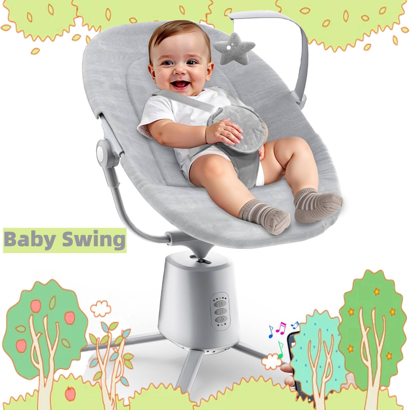 Baby Swing, Baby Swings pour bébés avec 3 modes et 5 vitesses BT Activé App & Télécommande