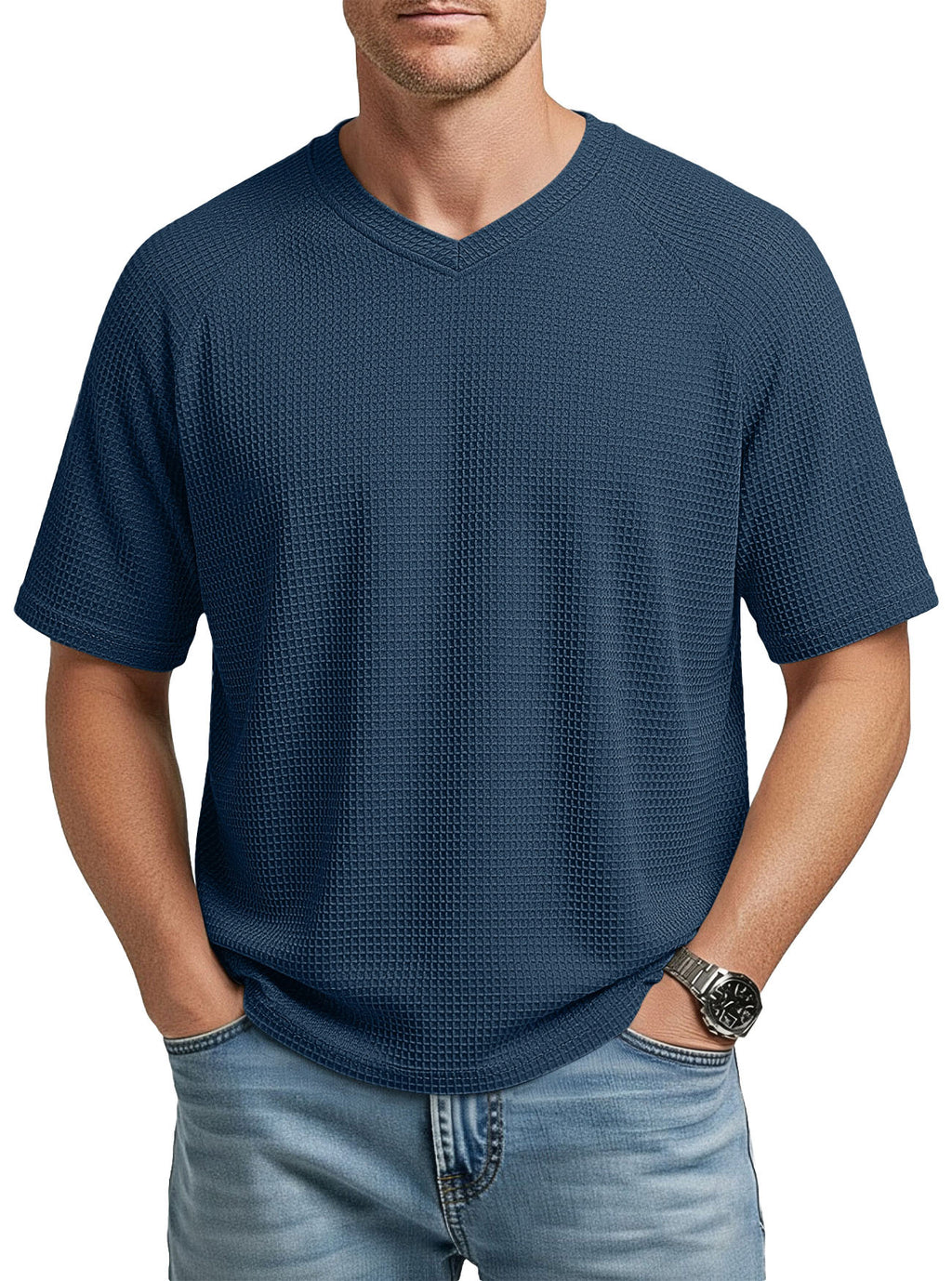 T-Shirt en tricot à manches courtes Raglan col V pour hommes