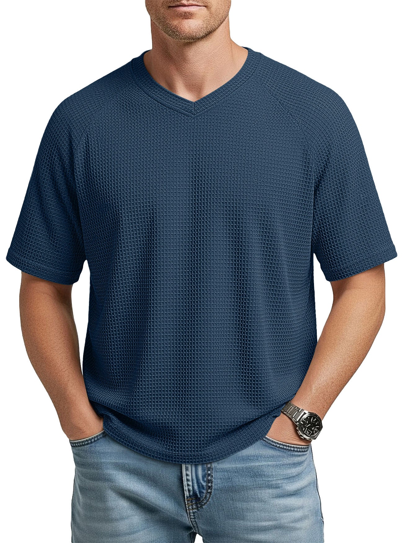 T-Shirt en tricot à manches courtes Raglan col V pour hommes