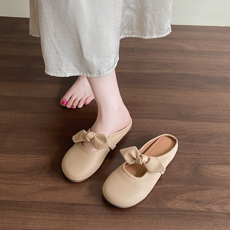 Women Gentle Girly Big Satin Bow Backless Mule Flats Matching Daily
