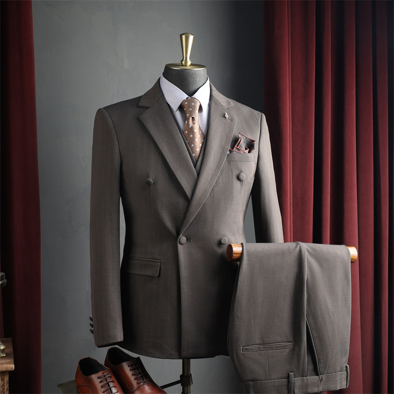 Hommes noir brun Peak Lapel double seins 3 pièces ensemble