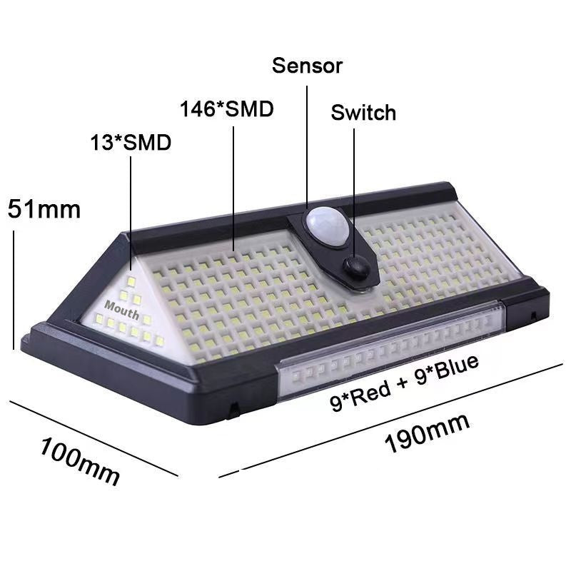 Lampe solaire murale à détecteur infrarouge extérieur lampe trois côtés lumineux lampe de jardin rouge et bleu