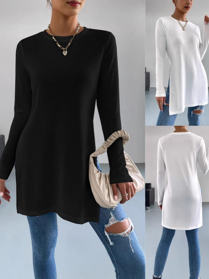 AliExpress Explosions Manches Longues Femme Top TEMU Semelles de couleur solide Split Long T-Shirt Wom