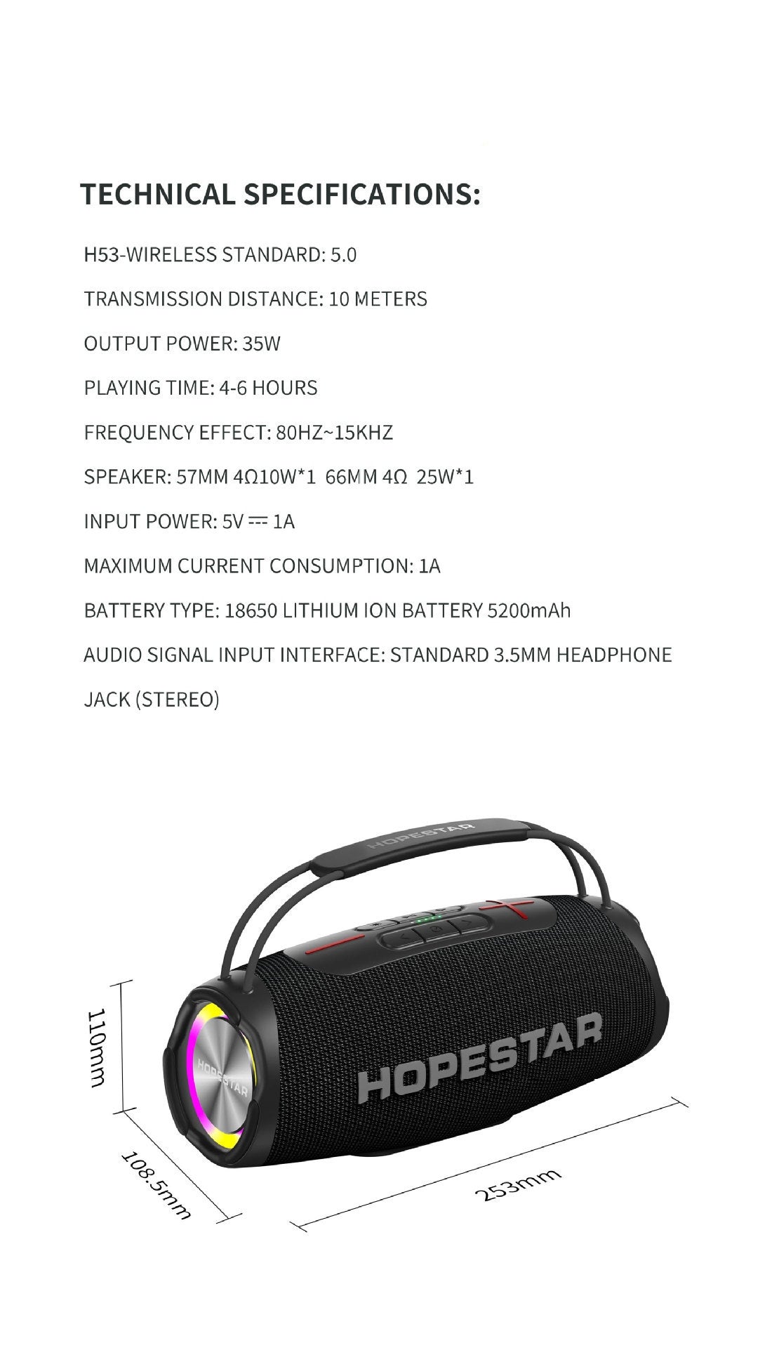 H53 Haut-parleur Bluetooth sans fil étanche Portable Outdoor Rugby Portable Haute Puissance Doubl
