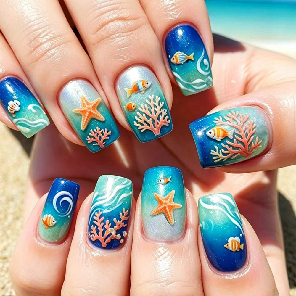 24 Stickers Nail Acrylique Rectangulaire En Bleu Océan Gradient