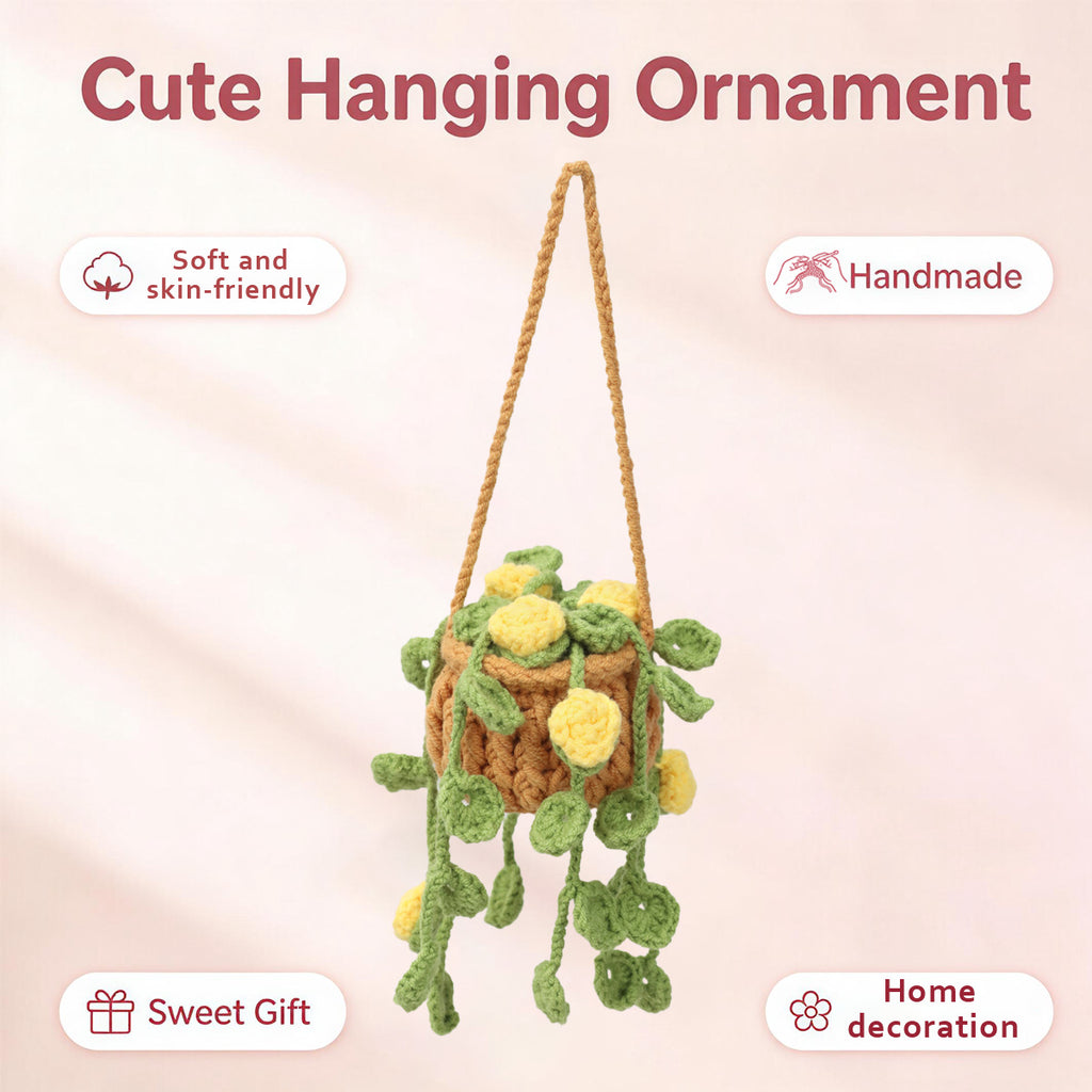 Crochet à la main suspendu ornement en pot avec des boutons de fleurs jaunes trailing et feuille verte V