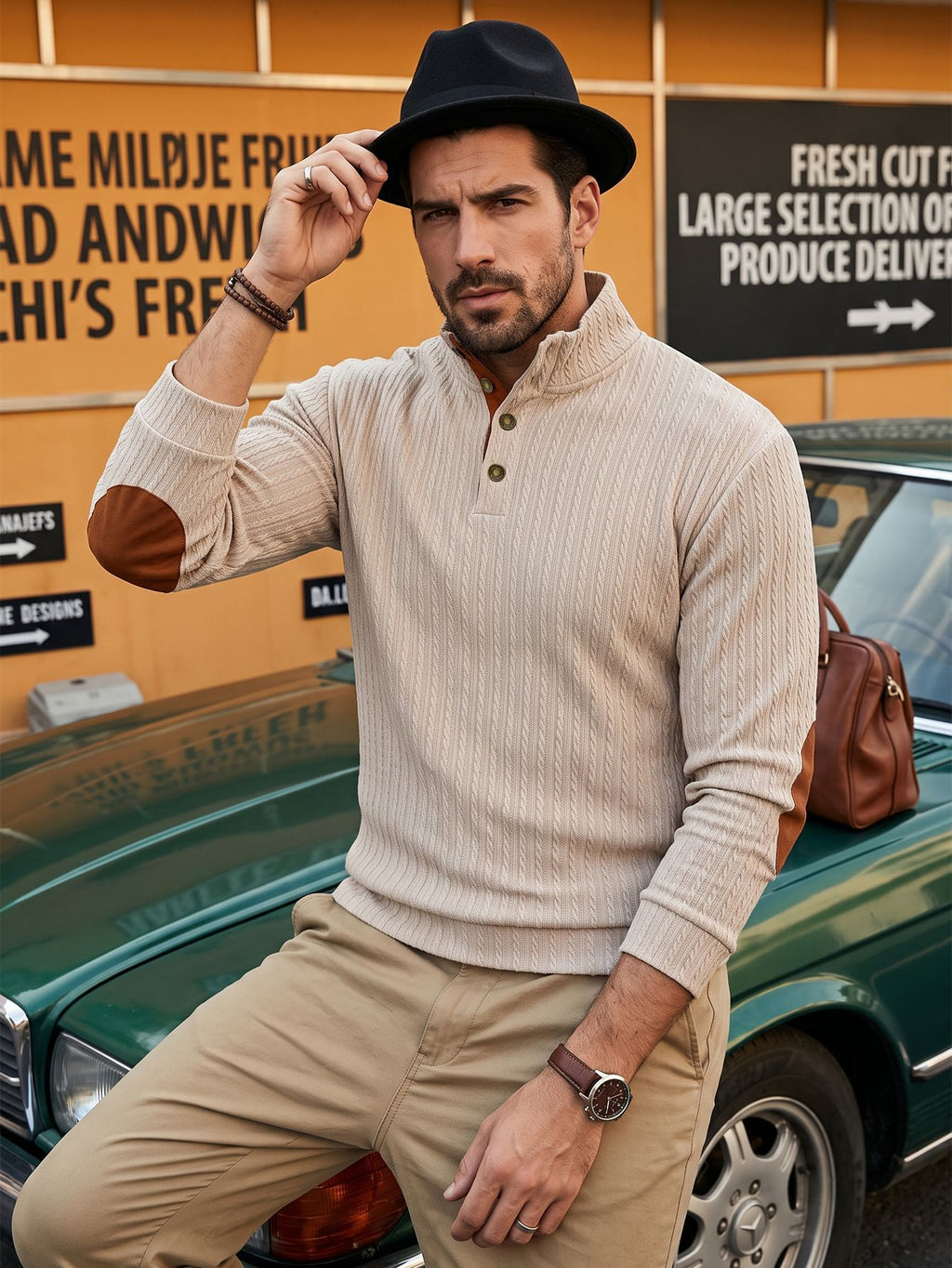 Top homme de style américain avec un collier debout et texturé Jacquard Weave