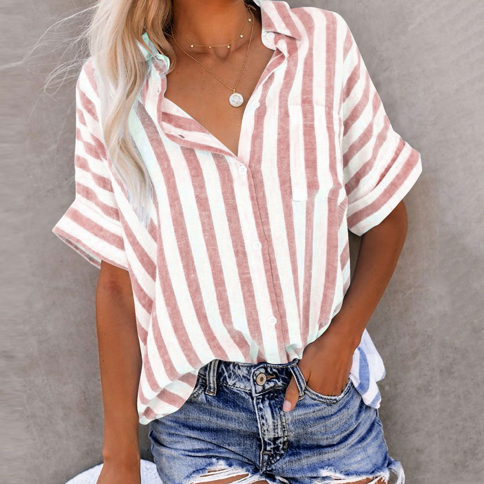 Madame manches courtes rayées Lapel casual bouton Pocket Cardigan manches courtes chemise