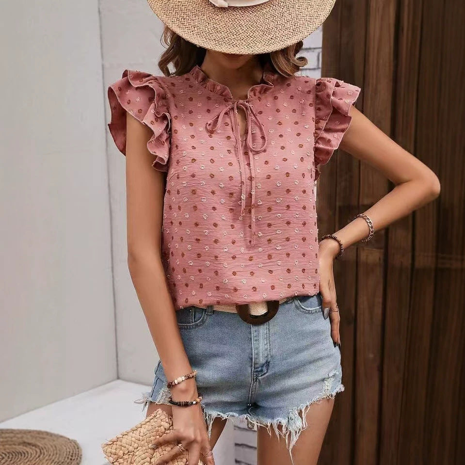 Top Casual le plus vendu avec un petit collier et des manches volantes