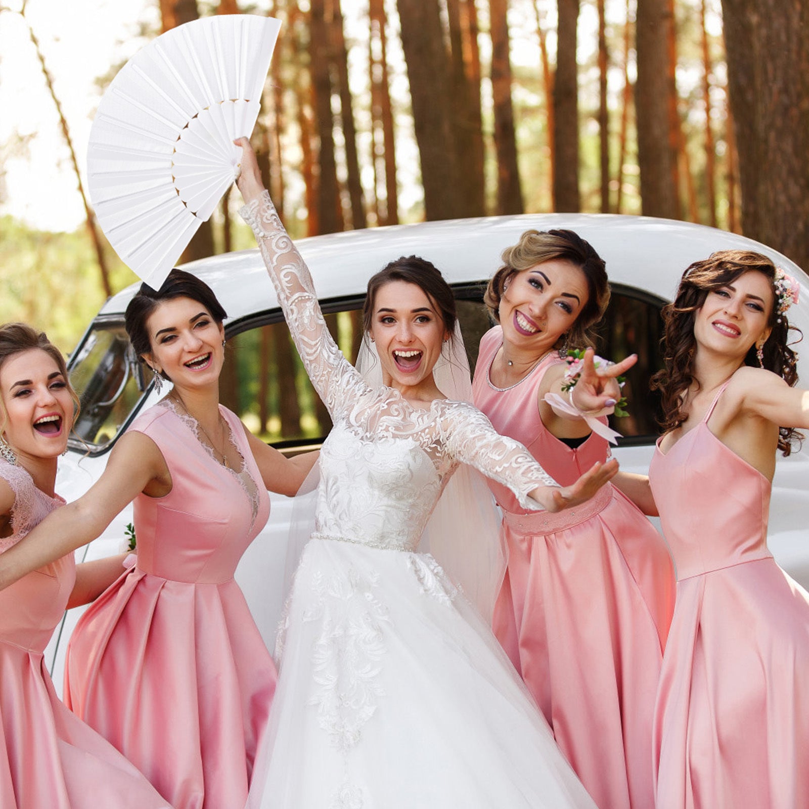 Ensemble de 6 éventails à main pliante en blanc - Élégants éventails pour les mariages et fêtes d'anniversaire - Fête