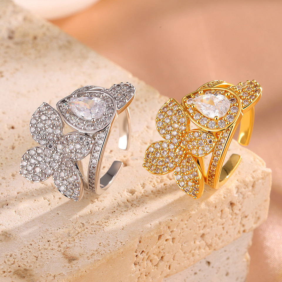 Femmes Poire Florale Halo CZ Anneau ouvert