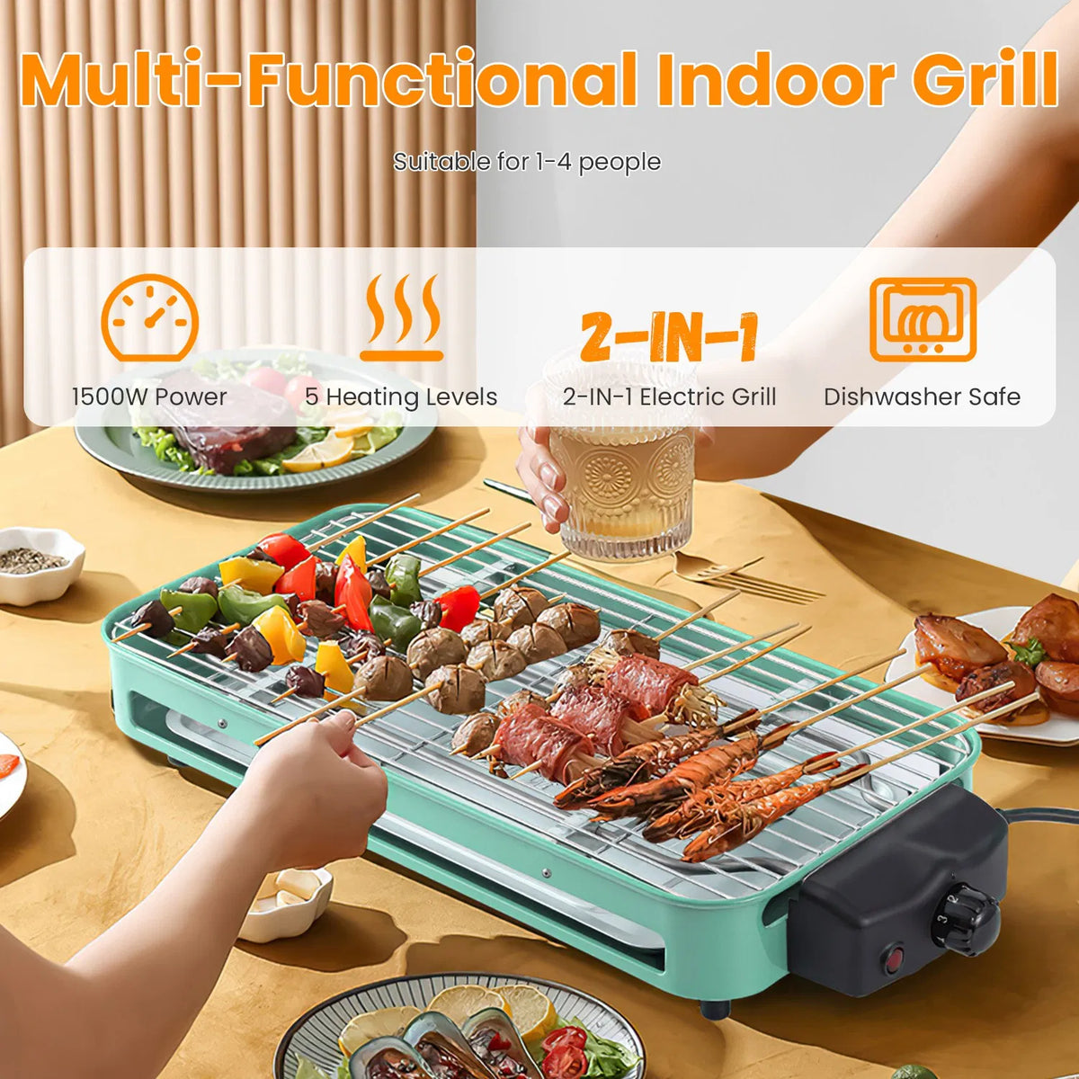 1500W Grille électrique intérieure 2 en 1 BBQ électrique Gill avec grille Net plaque amovible 5 Temp